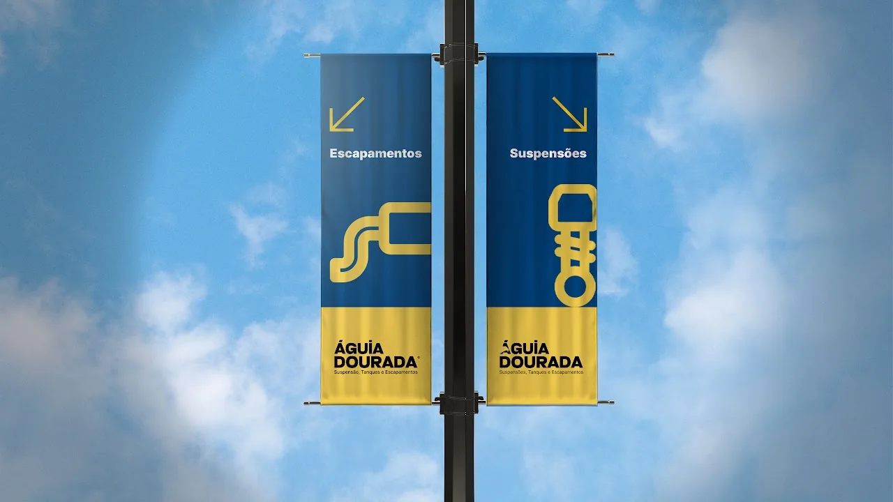 Projeto de sinalização Águia Dourada em azul e amarelo com ícones de escapamento e suspensão.