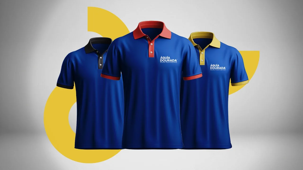 Projeto de uniformes Águia Dourada em azul com detalhes em vermelho e amarelo.