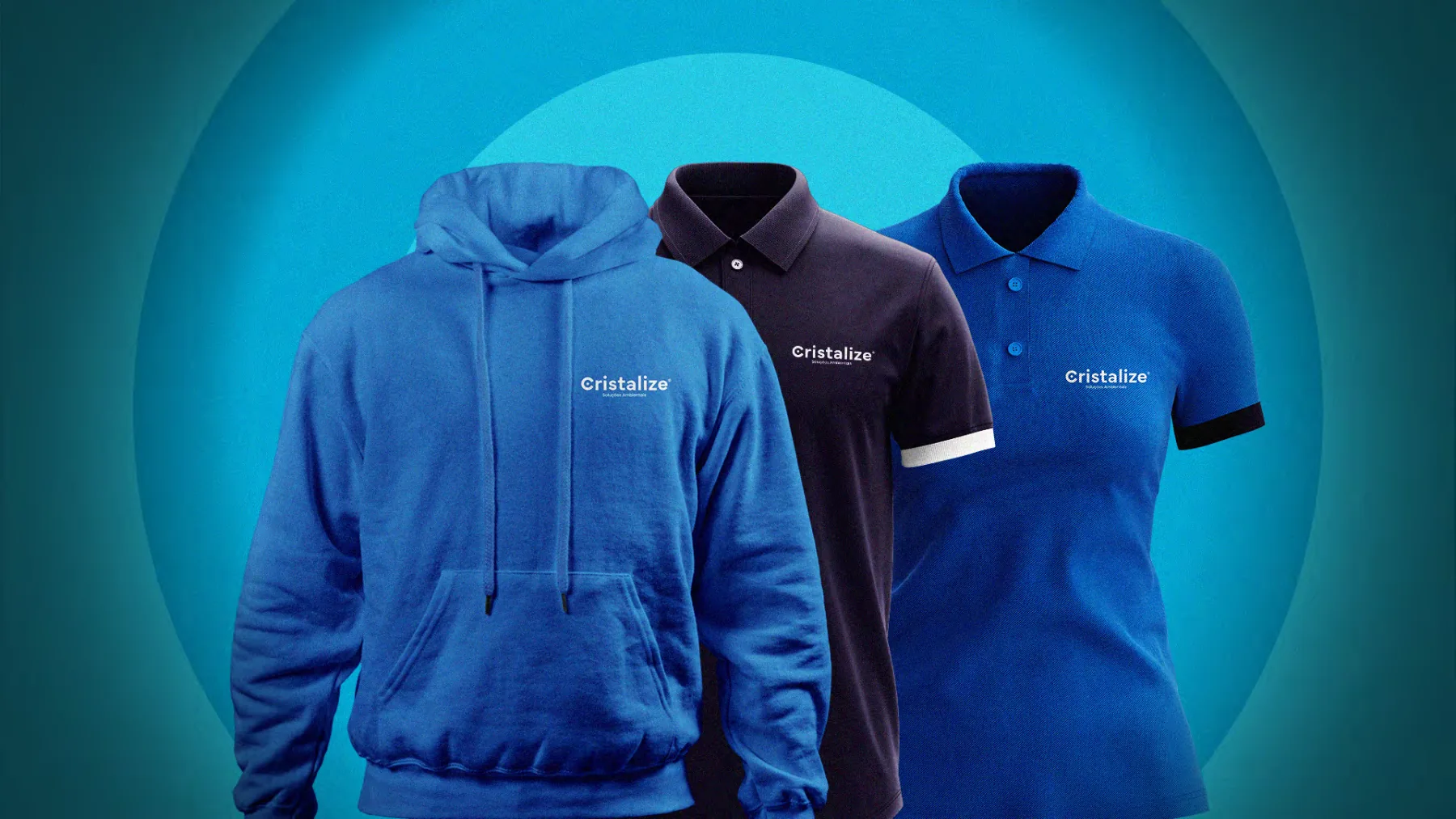 Uniformes da Cristalize em tons de azul com a assinatura da marca.