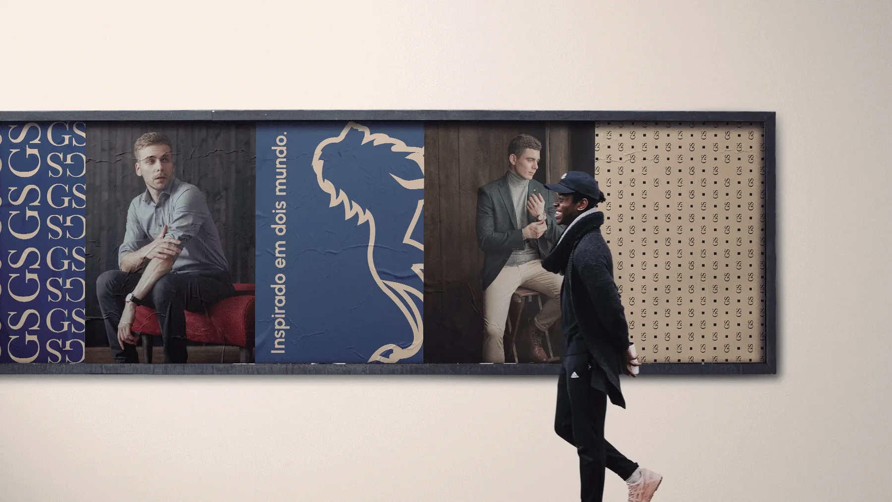 Aplicação da identidade Giuseppe Sartoriale em painel com fotografias de moda e símbolo do leão.
